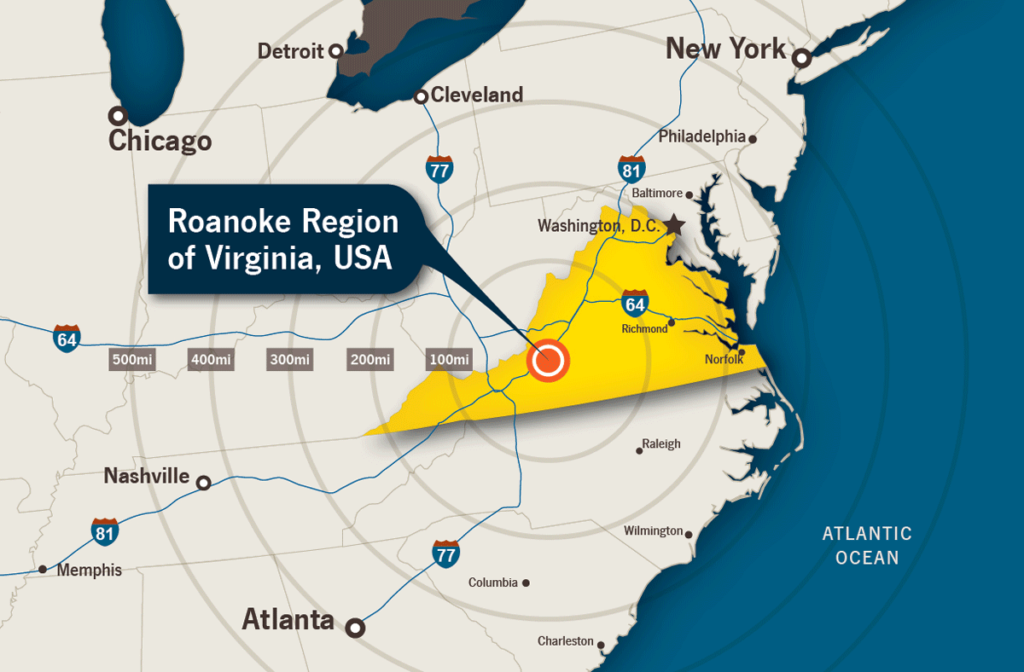 Access To Markets Roanoke Regional Partnership   Roanoke Region Virginia Map 1024x672 