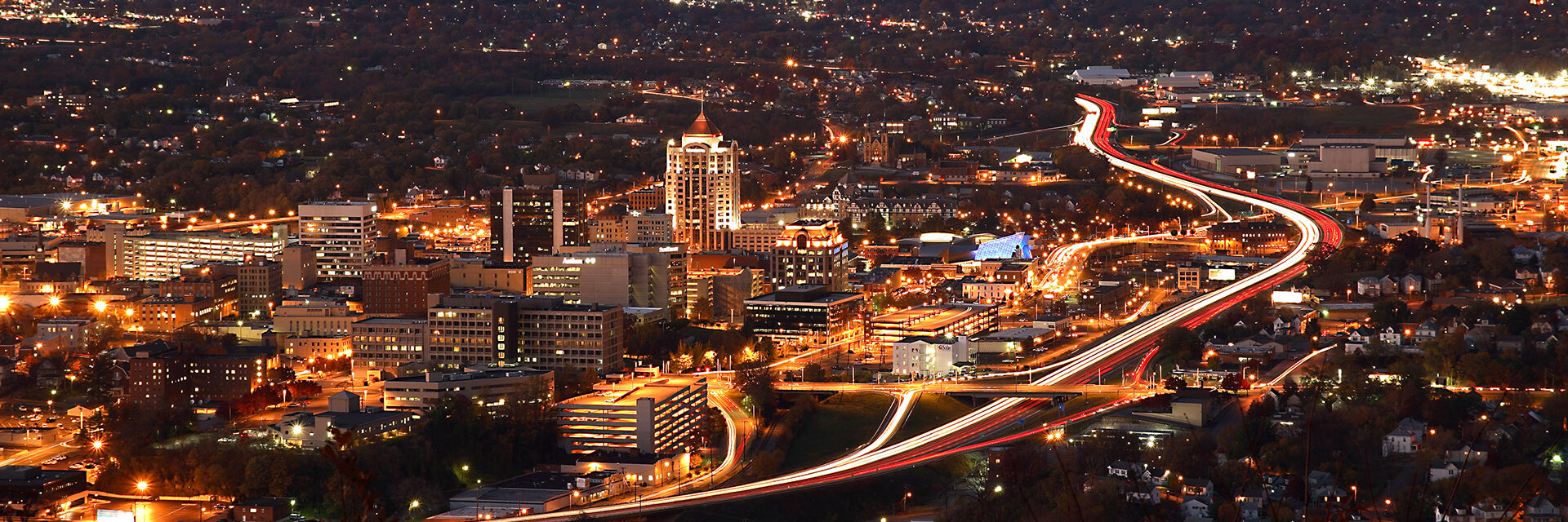 aerial night time view of downtown roanoke