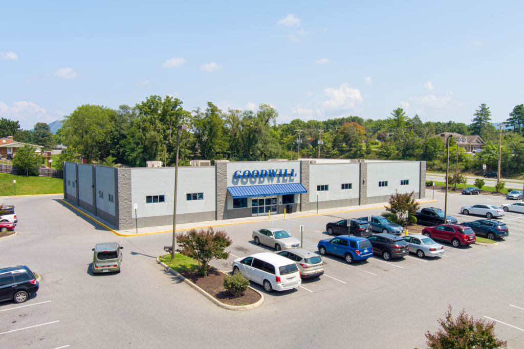 Image of the outside of Goodwill Store in Hollins, VA, on a sunny summer's day.