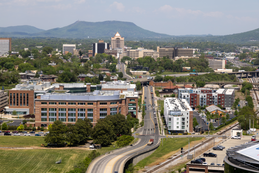 View of Innovation Corridor in Downtown Roanoke, VA on a sunny spring day.