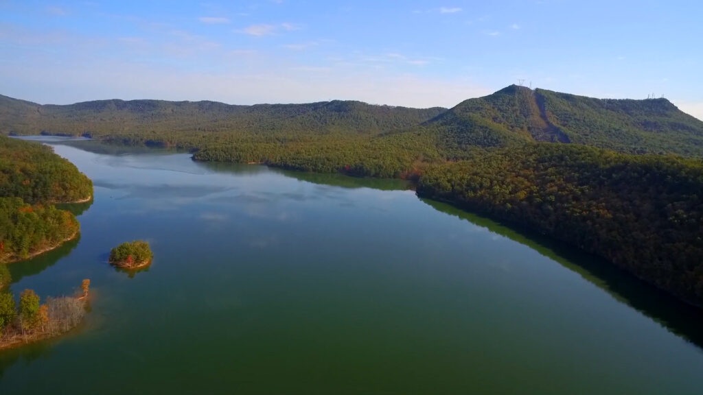 Aerial view of Carvins Cove on a clear day, surrounded by trees and mountains.