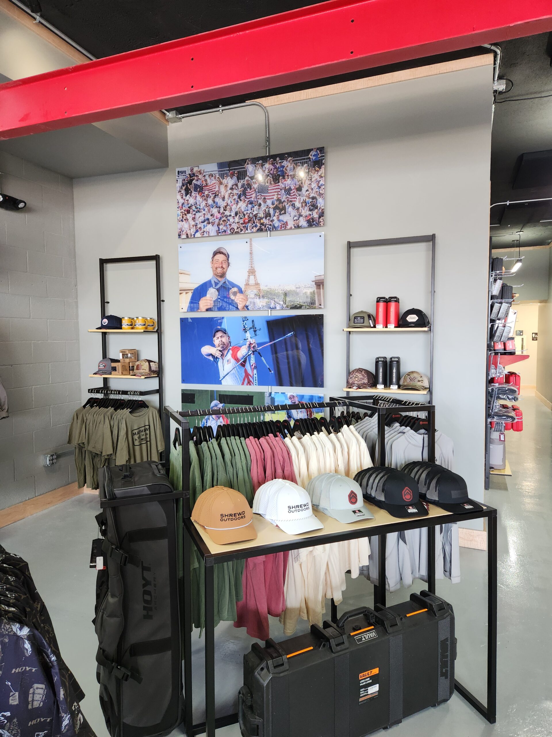 Shrewd Outdoors in Salem, Va. A retail display with hats and apparel.