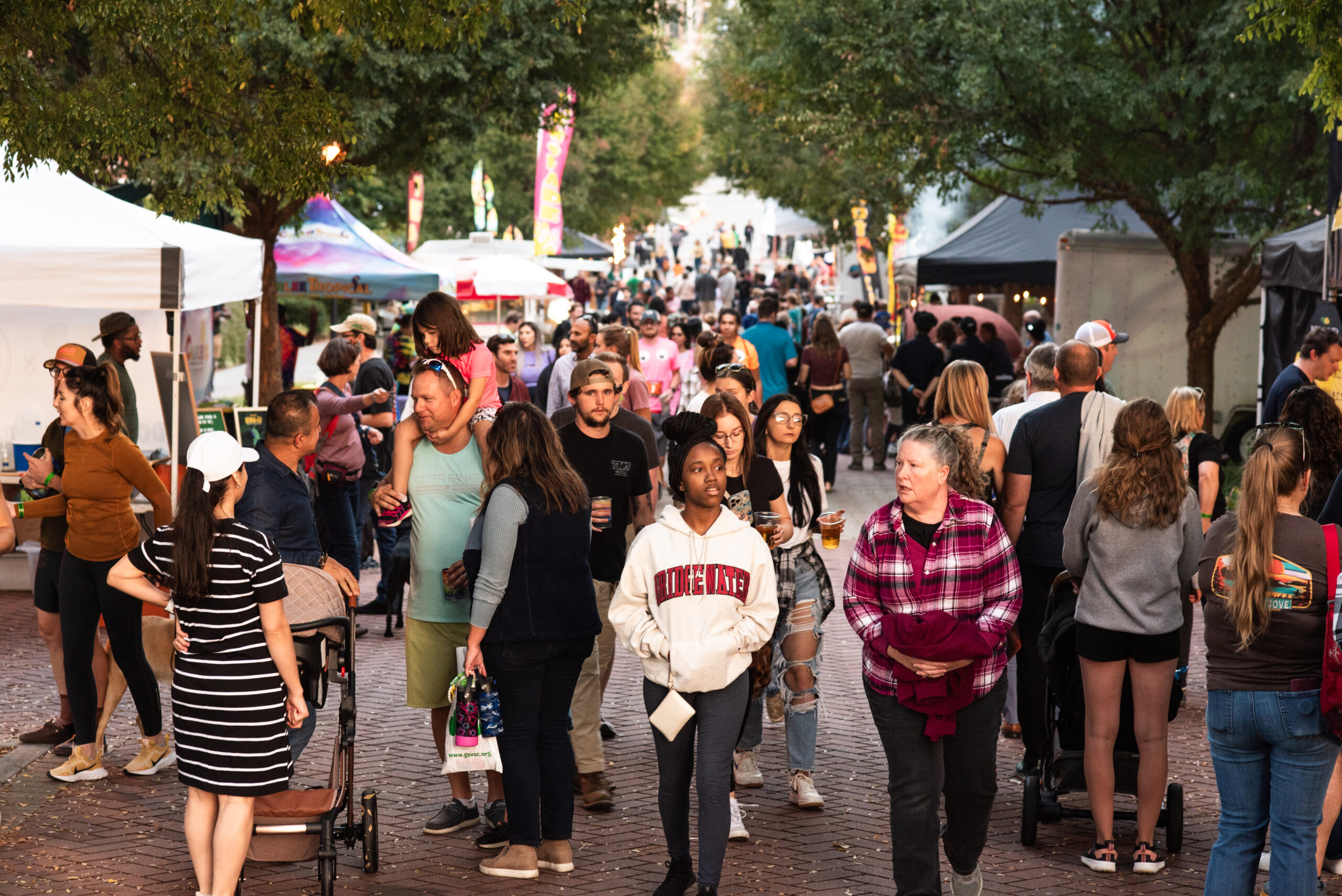 Large group of people gathering at food trucks and walking down walkways at Roanoke GO Outside Festival in Elmwood Park.