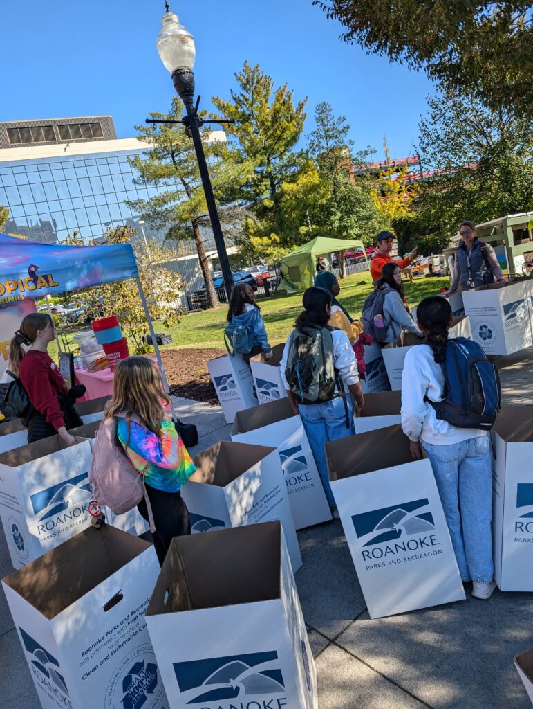 A group of female teens place cardboard boxes at the Roanoke GO Outside Festival in Elmwood Park.